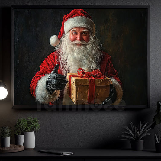 Santa Claus Gives Gift Christmas Canvas Painting, Santa Claus Wall Art Decor, Xmas Poster Gift