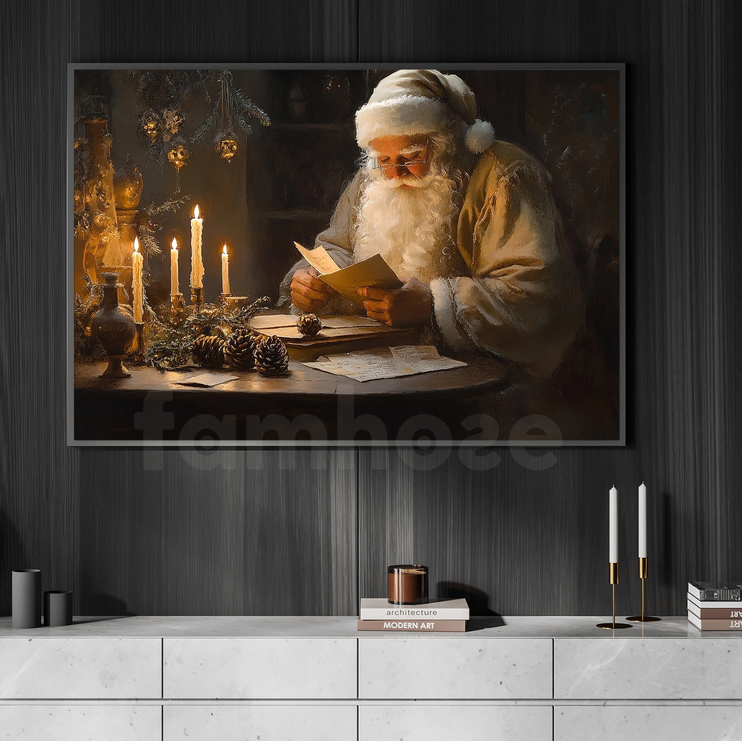 Cozy Christmas Canvas Painting, Santa Claus Reads Letters Winter Wall Art Decor, Xmas Poster Gift