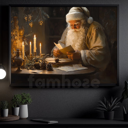 Cozy Christmas Canvas Painting, Santa Claus Reads Letters Winter Wall Art Decor, Xmas Poster Gift