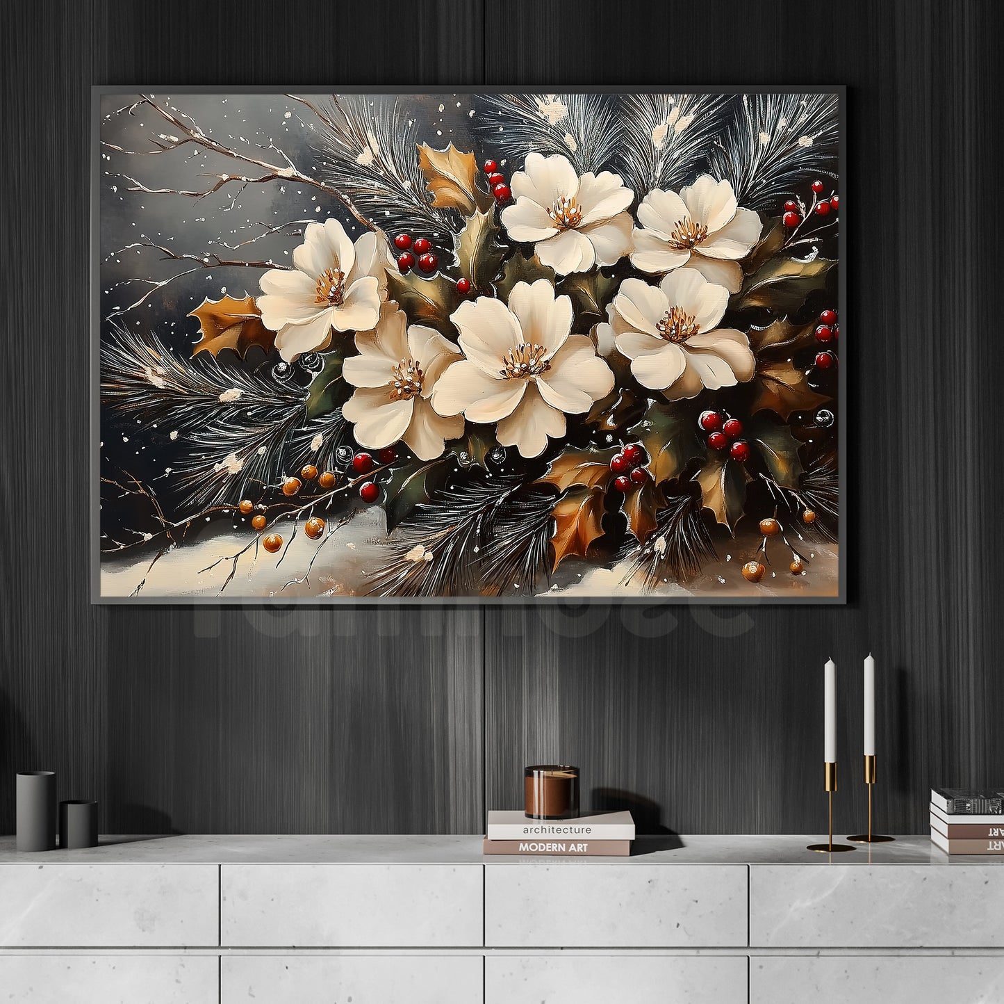 Christmas Flowers Canvas Painting, Flora In Snow Wall Art Decor, Xmas Poster Gift For Flower Lovers