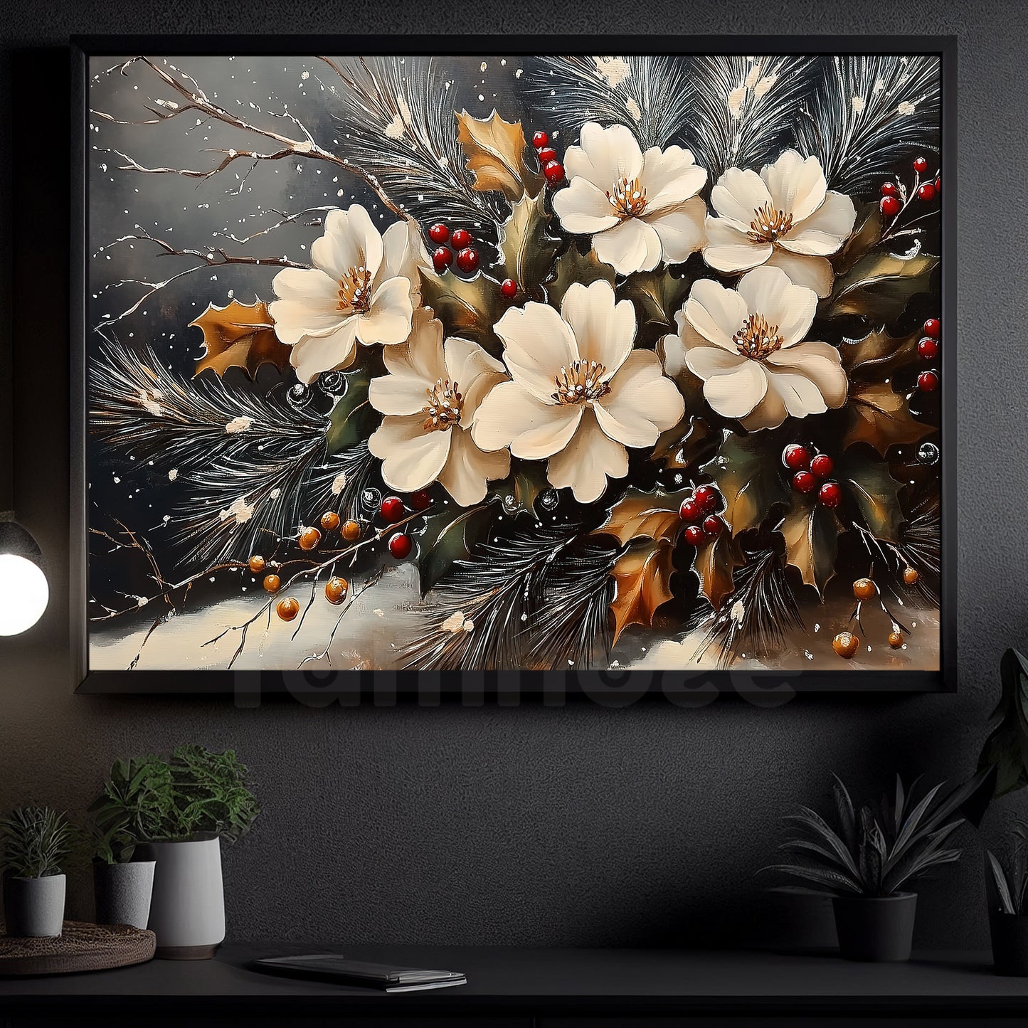 Christmas Flowers Canvas Painting, Flora In Snow Wall Art Decor, Xmas Poster Gift For Flower Lovers