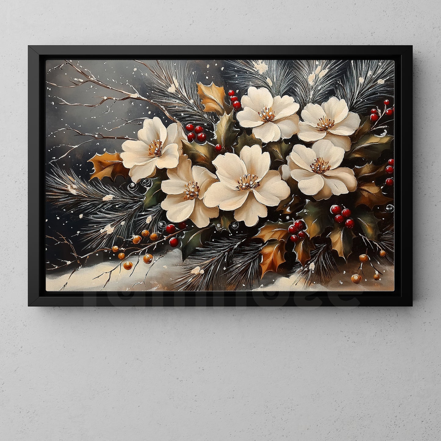 Christmas Flowers Canvas Painting, Flora In Snow Wall Art Decor, Xmas Poster Gift For Flower Lovers