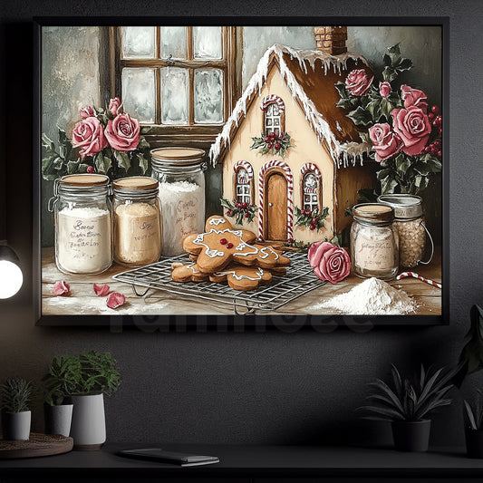 Vintage Christmas Canvas Painting, A Gingerbread House Winter Wall Art Decor, Xmas Poster Gift For Gingerbread Lovers