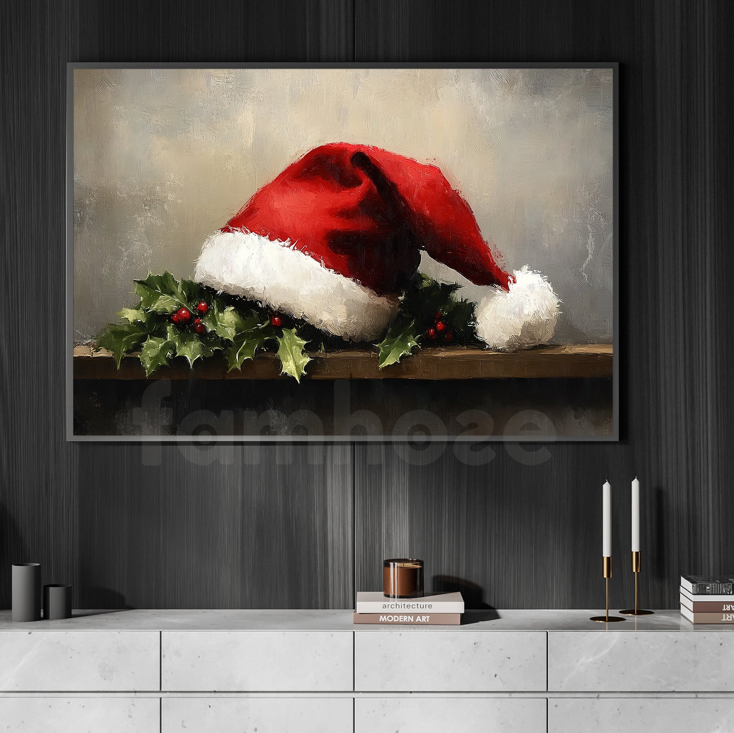 Christmas Canvas Painting, Holly and Hat Wall Art Decor, Xmas Poster Gift