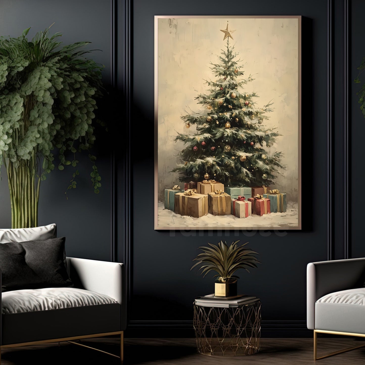 Christmas Canvas Painting, Christmas Tree And Gifts Wall Art Decor, Xmas Poster Gift