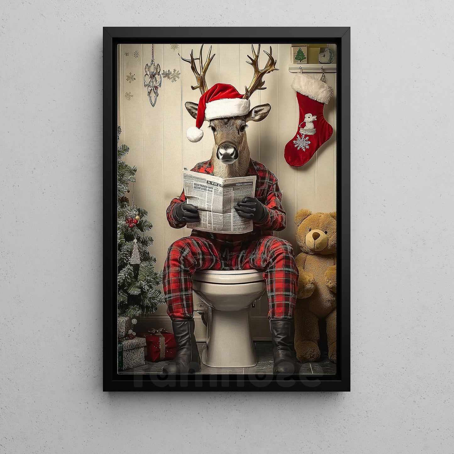 Funny Christmas Canvas Painting, Reindeer Reading Newspaper In The Toilet Wall Art Decor, Xmas Poster Gift For Reindeer Lovers