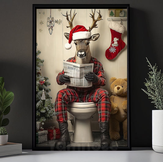 Funny Christmas Canvas Painting, Reindeer Reading Newspaper In The Toilet Wall Art Decor, Xmas Poster Gift For Reindeer Lovers