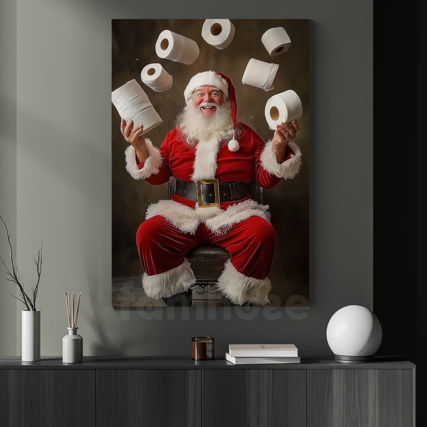 Funny Christmas Toilet Canvas Painting, Santa Claus In Toilet Wall Art Decor, Xmas Poster Gift