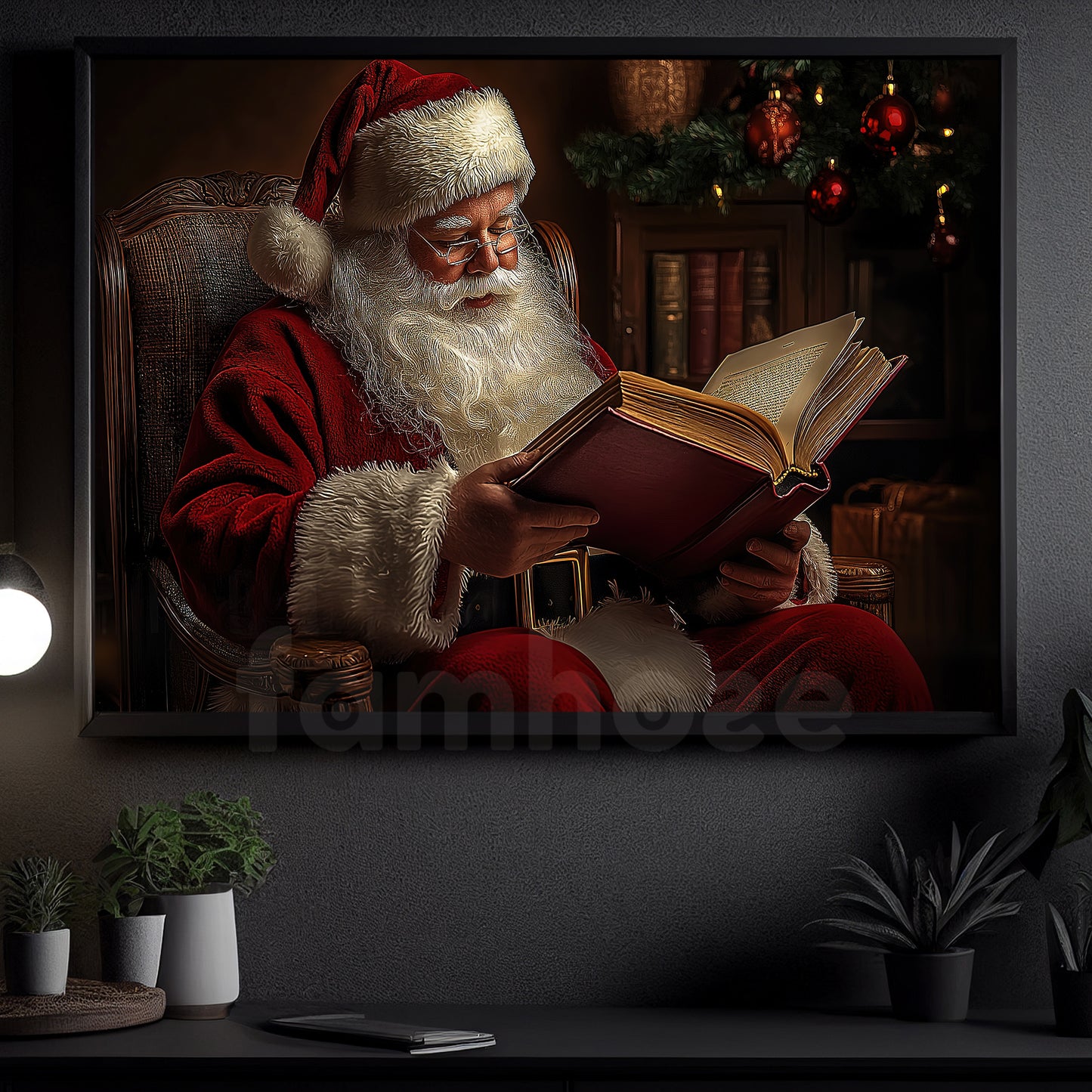 Reading The Christmas Spirit Canvas Painting, Santa Claus Wall Art Decor, Xmas Poster Gift For Book Lovers