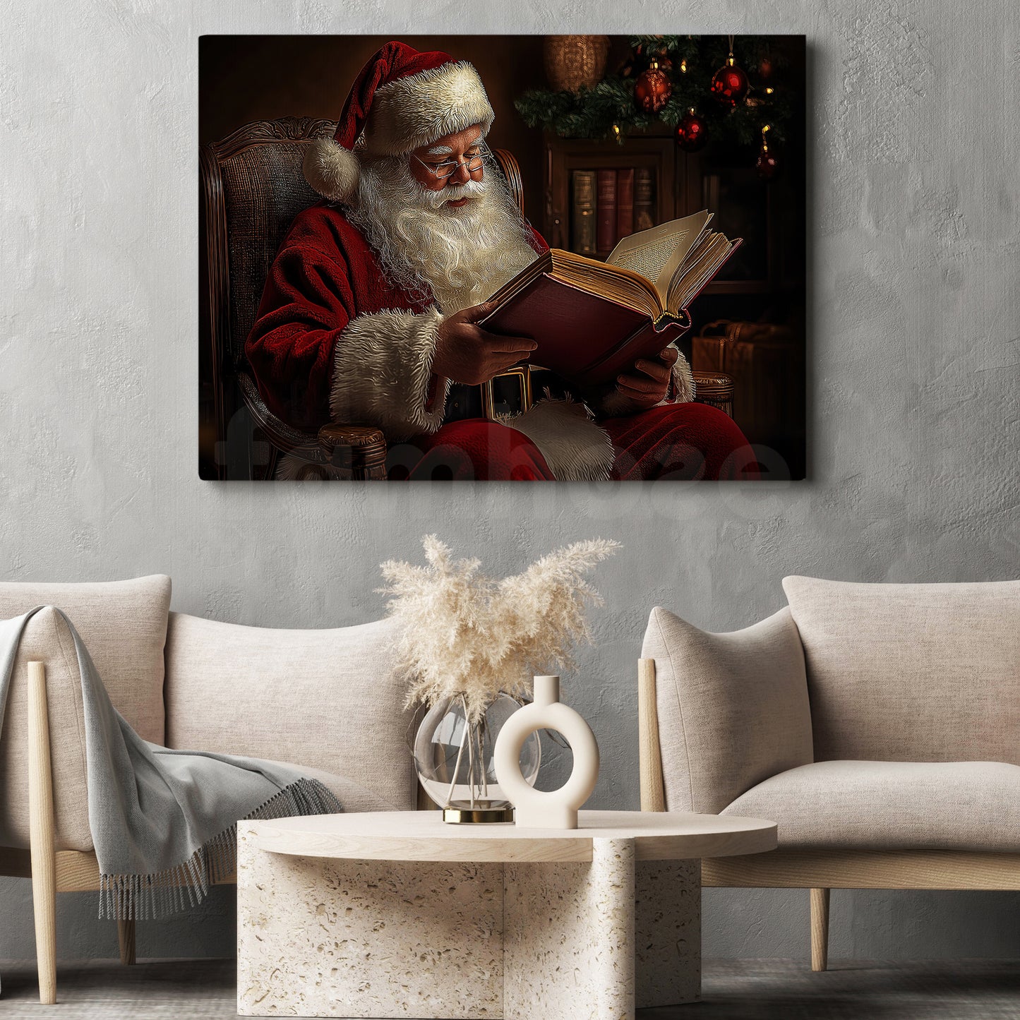 Reading The Christmas Spirit Canvas Painting, Santa Claus Wall Art Decor, Xmas Poster Gift For Book Lovers