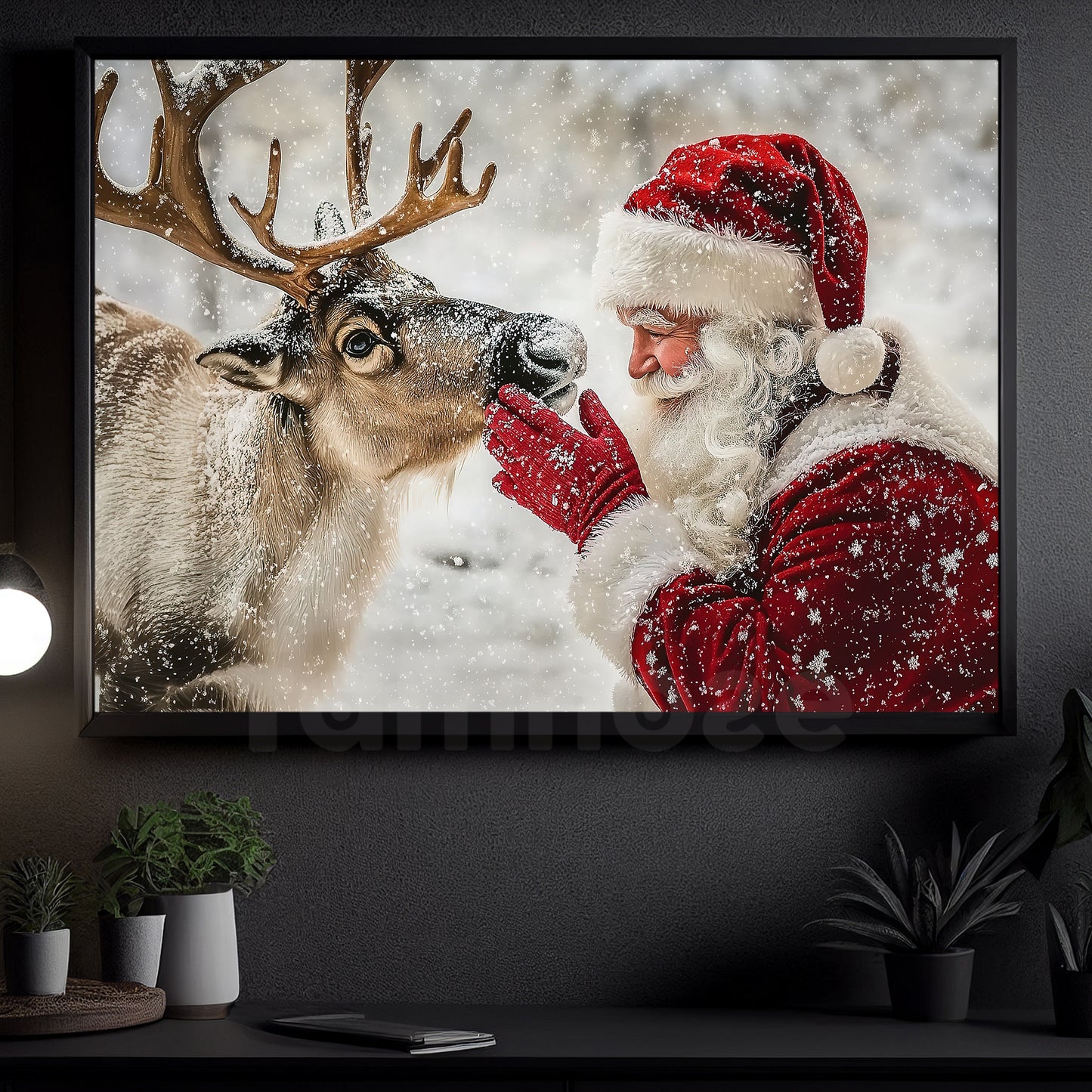 A Moment With Santa Christmas Canvas Painting, Santa Claus Wall Art Decor, Xmas Poster Gift For Reindeer Lovers