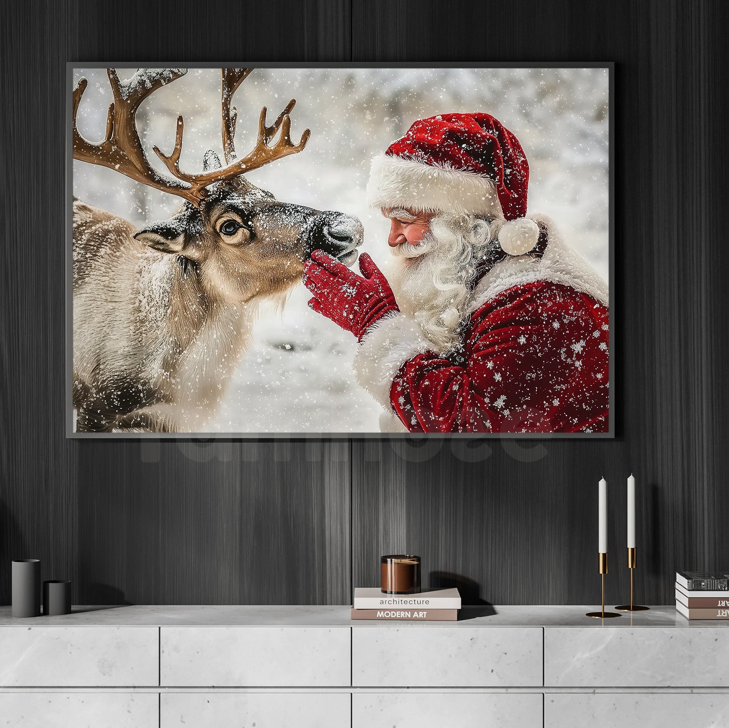 A Moment With Santa Christmas Canvas Painting, Santa Claus Wall Art Decor, Xmas Poster Gift For Reindeer Lovers