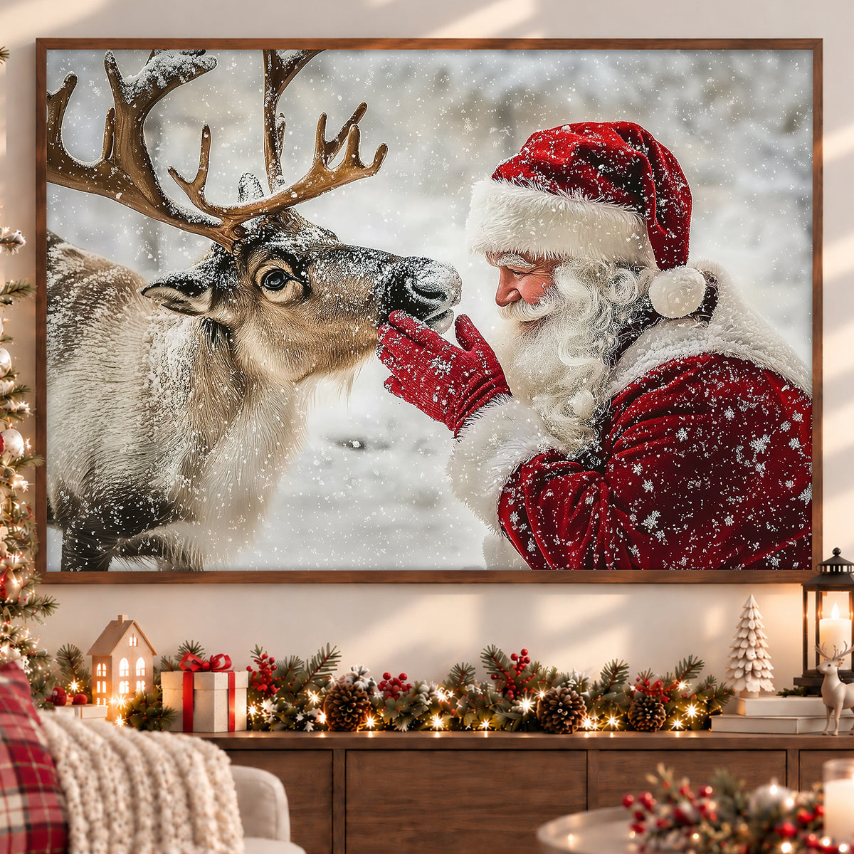 A Moment With Santa Christmas Canvas Painting, Santa Claus Wall Art Decor, Xmas Poster Gift For Reindeer Lovers