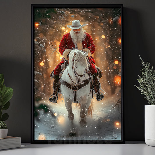 Christmas Cowboy Canvas Painting, Santa Claus Riding Horse Wall Art Decor, Xmas Poster Gift For Cowboy Lovers