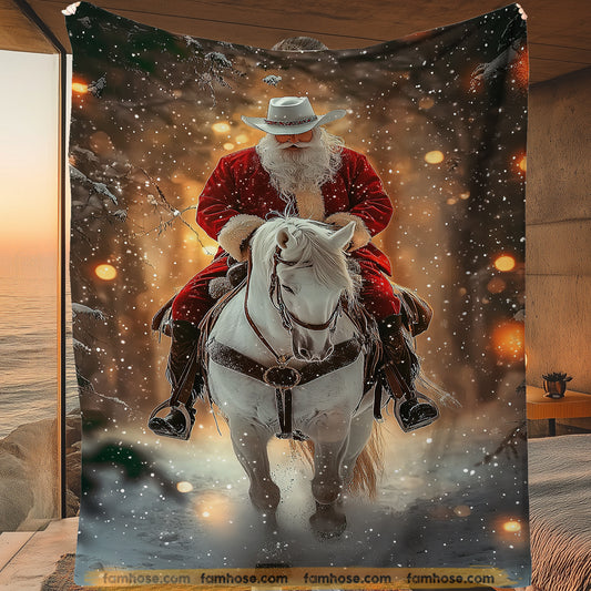 Cozy Horse Christmas Fleece Blanket, Santa Claus Riding Horse In Snow Xmas Woven Blanket & Sherpa Blanket Gift For Horse Lovers