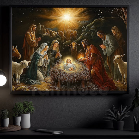 Christmas Canvas Painting, Holy Night Illuminated Wall Art Decor, Xmas Poster Gift For Jesus Lovers