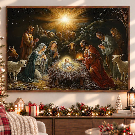 Christmas Canvas Painting, Holy Night Illuminated Wall Art Decor, Xmas Poster Gift For Jesus Lovers