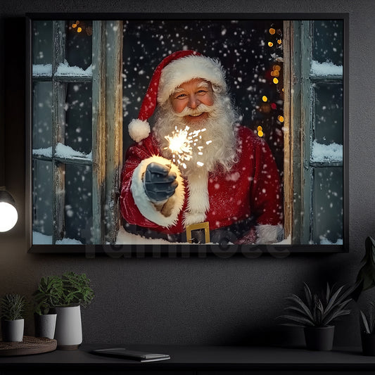 Christmas Santa Canvas Painting, Santa Claus Smiling Near Window Wall Art Decor, Xmas Poster Gift