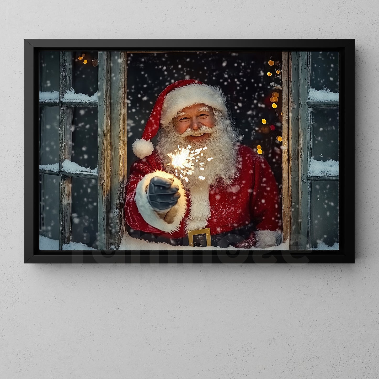 Christmas Santa Canvas Painting, Santa Claus Smiling Near Window Wall Art Decor, Xmas Poster Gift