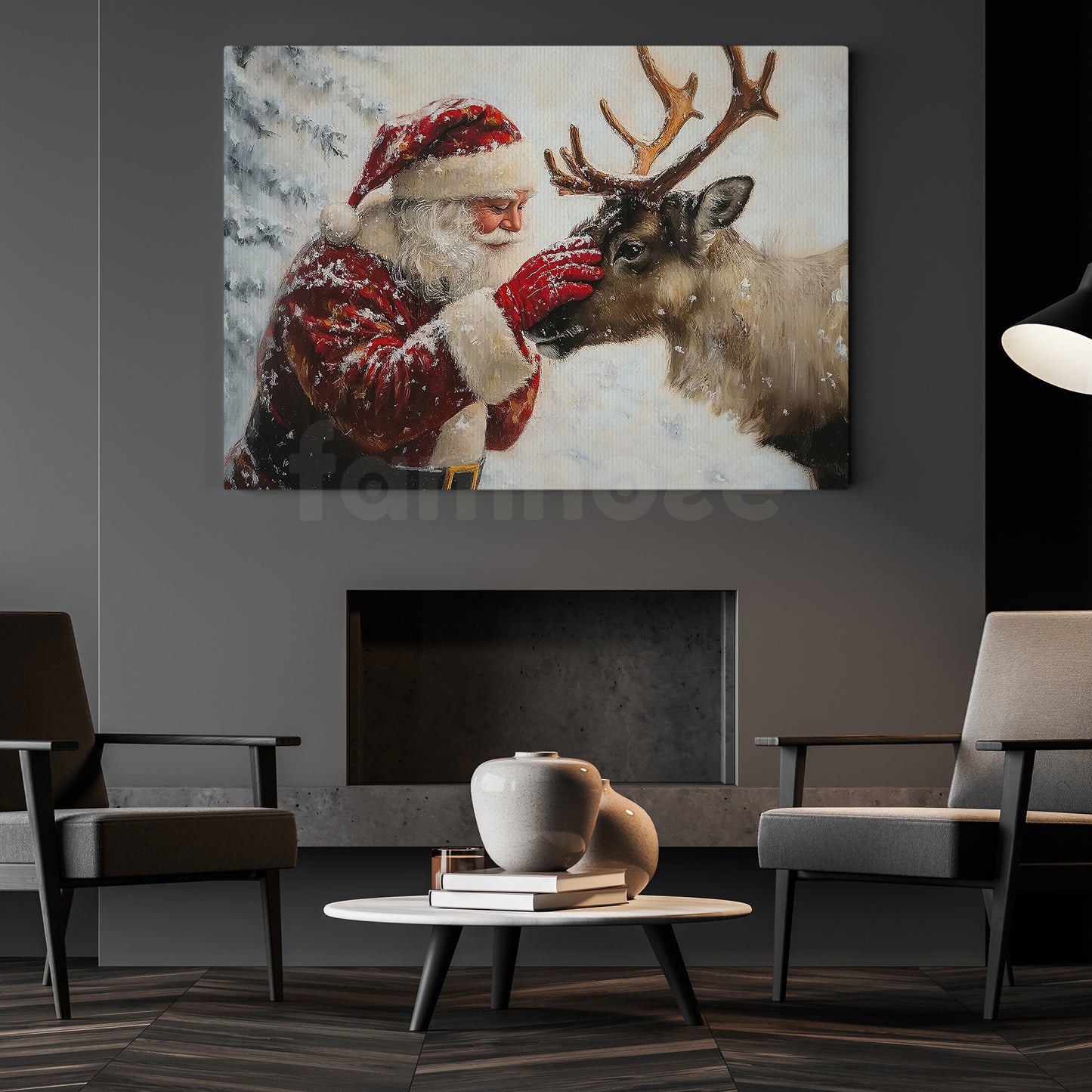 Christmas Santa Canvas Painting, Santa Claus Looking Reindeer Wall Art Decor, Xmas Poster Gift