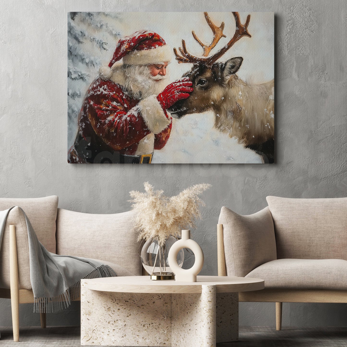 Christmas Santa Canvas Painting, Santa Claus Looking Reindeer Wall Art Decor, Xmas Poster Gift