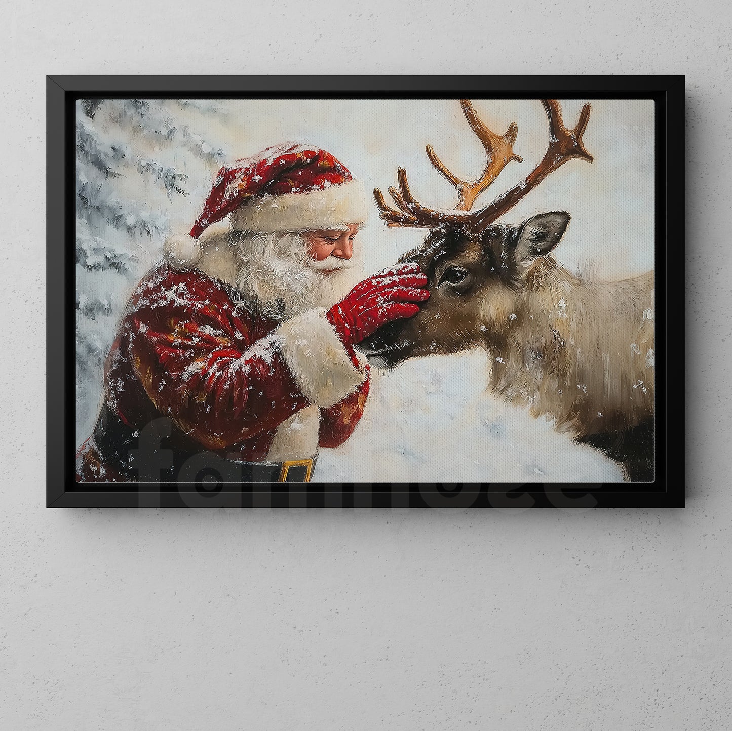 Christmas Santa Canvas Painting, Santa Claus Looking Reindeer Wall Art Decor, Xmas Poster Gift