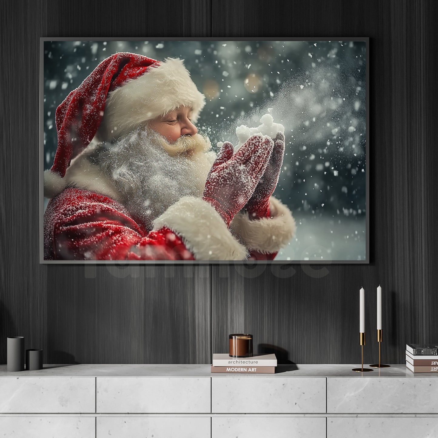 Christmas Santa Canvas Painting, Santa Claus Blowing Snow Wall Art Decor, Xmas Poster Gift