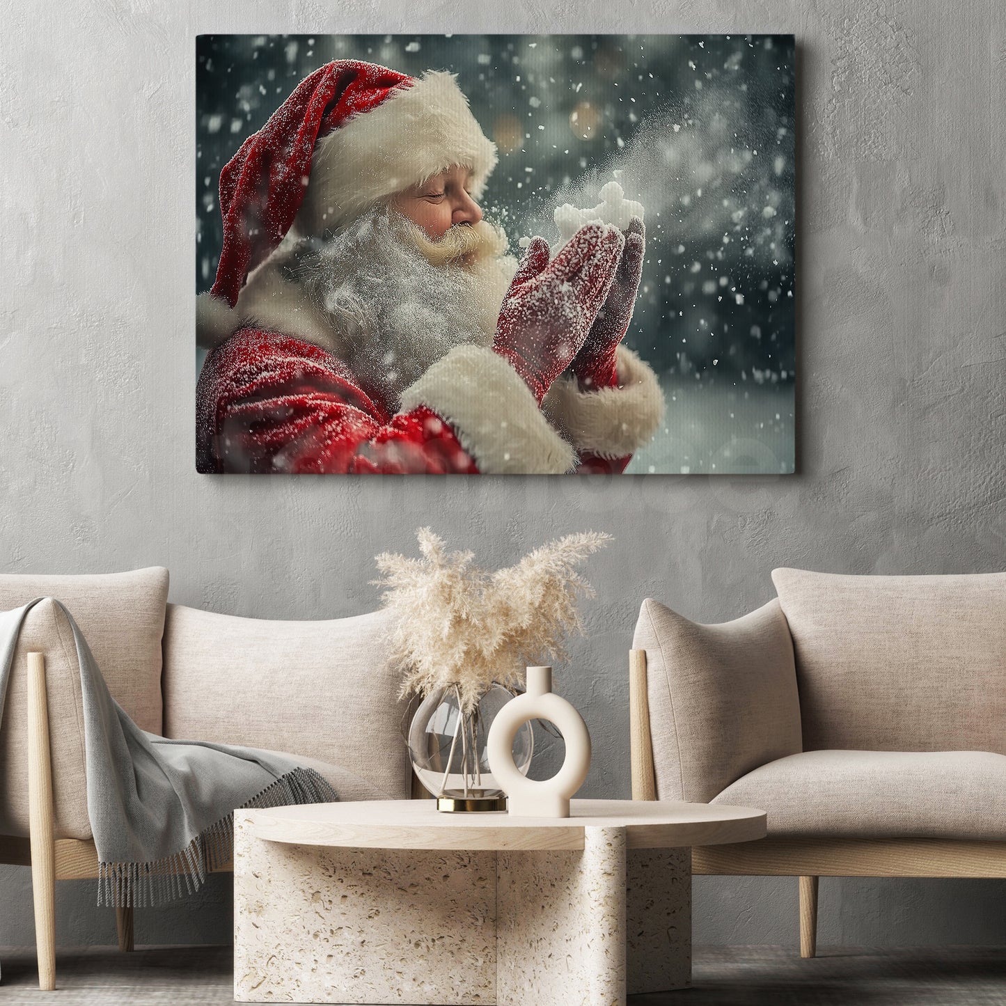 Christmas Santa Canvas Painting, Santa Claus Blowing Snow Wall Art Decor, Xmas Poster Gift