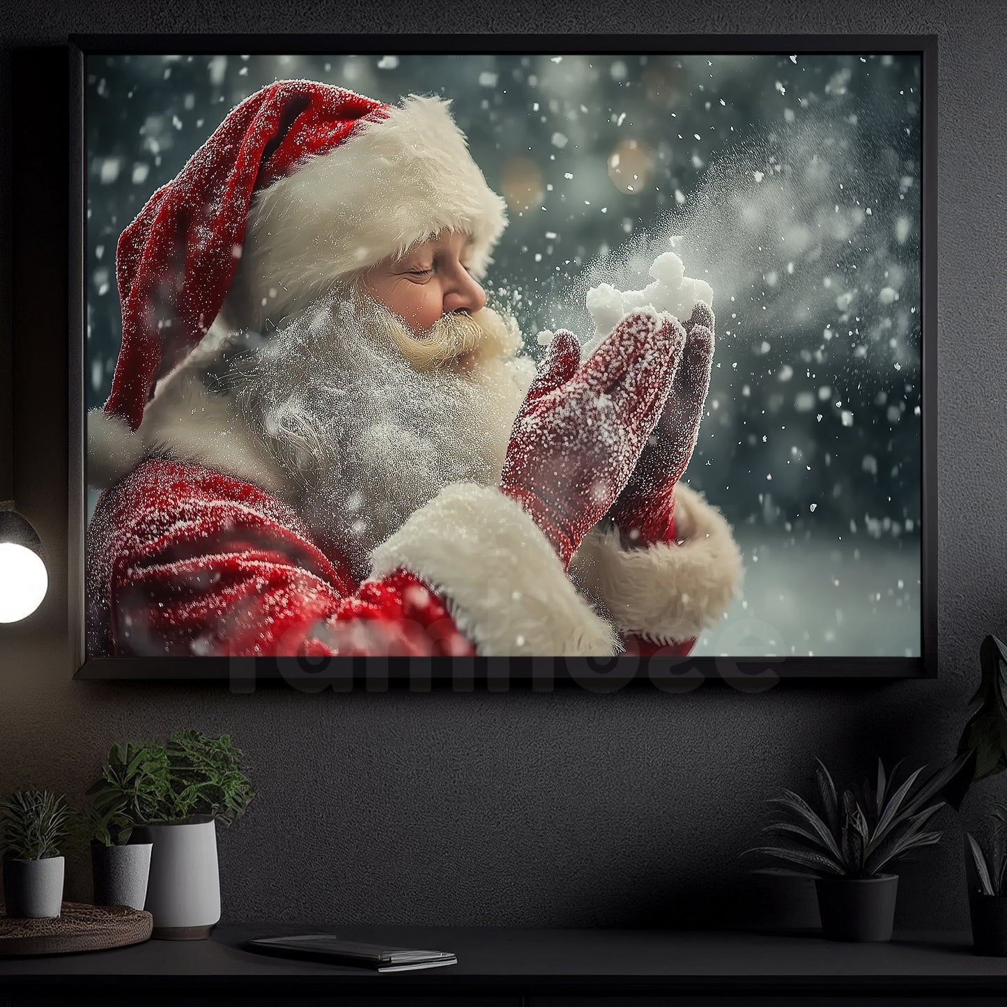 Christmas Santa Canvas Painting, Santa Claus Blowing Snow Wall Art Decor, Xmas Poster Gift