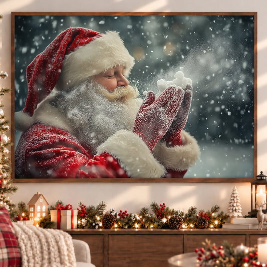 Christmas Santa Canvas Painting, Santa Claus Blowing Snow Wall Art Decor, Xmas Poster Gift