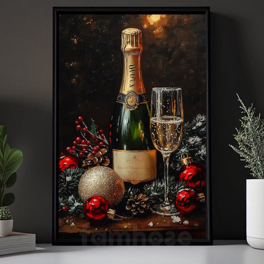 Vintage Christmas Wine Canvas Painting, Sparkling Celebrations Wall Art Decor, Xmas Poster Gift