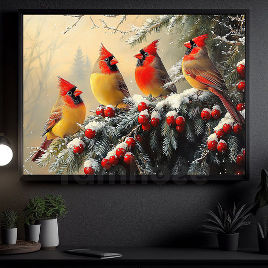 Christmas Bird Canvas Painting, Birds In Winter Wonderland Wall Art Decor, Xmas Poster Gift For Cardinal Lovers