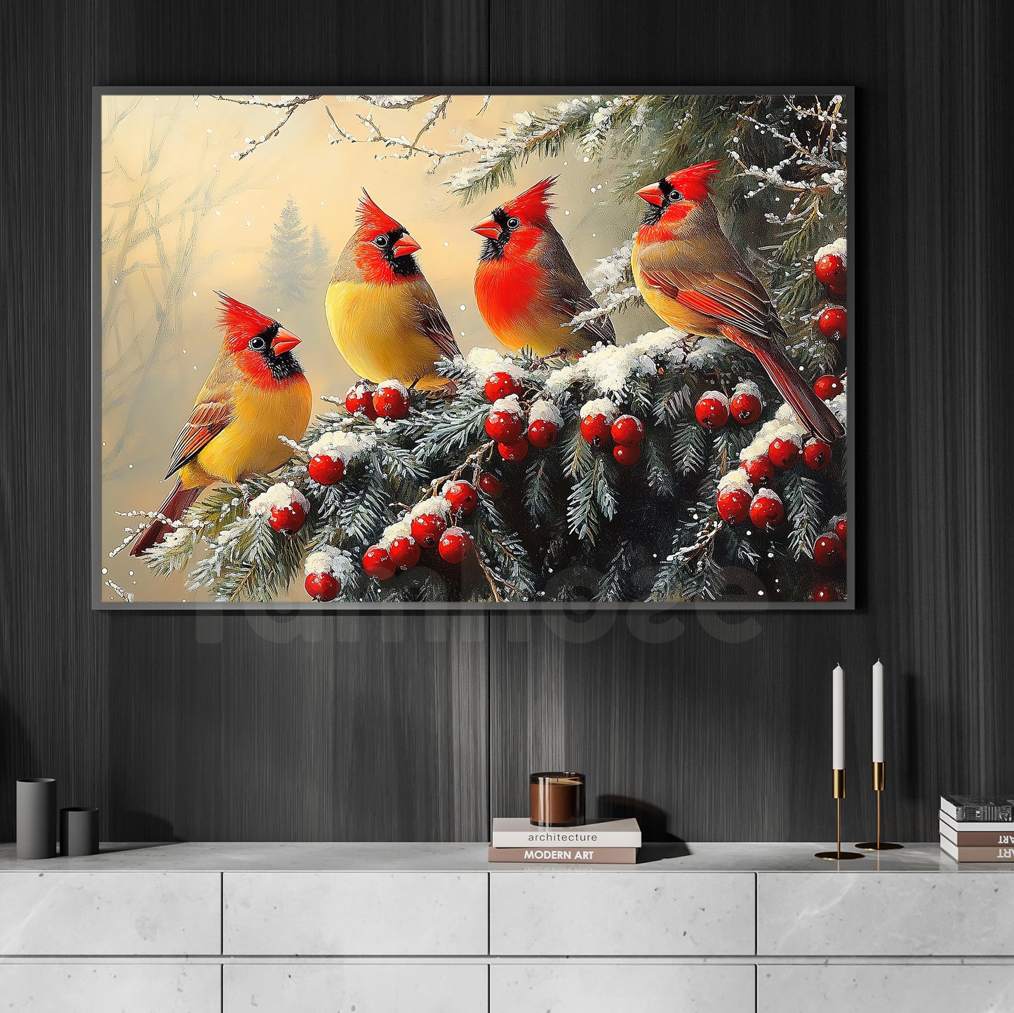 Christmas Bird Canvas Painting, Birds In Winter Wonderland Wall Art Decor, Xmas Poster Gift For Cardinal Lovers