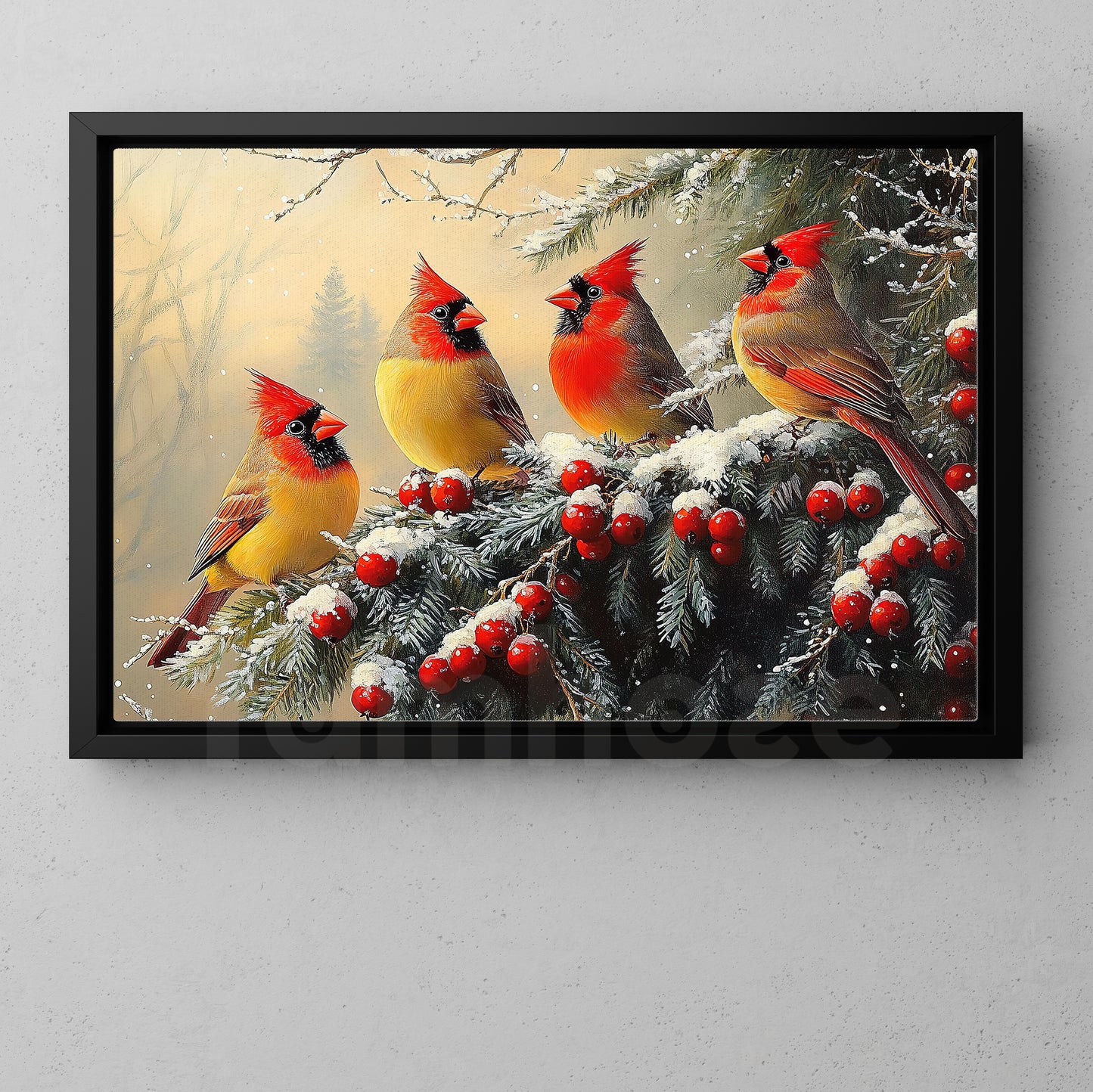 Christmas Bird Canvas Painting, Birds In Winter Wonderland Wall Art Decor, Xmas Poster Gift For Cardinal Lovers