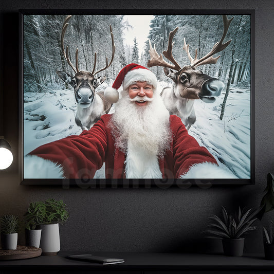 Funny Christmas Reindeer Canvas Painting, Santa Claus Selfie Wall Art Decor, Xmas Poster Gift For Reindeer Lovers