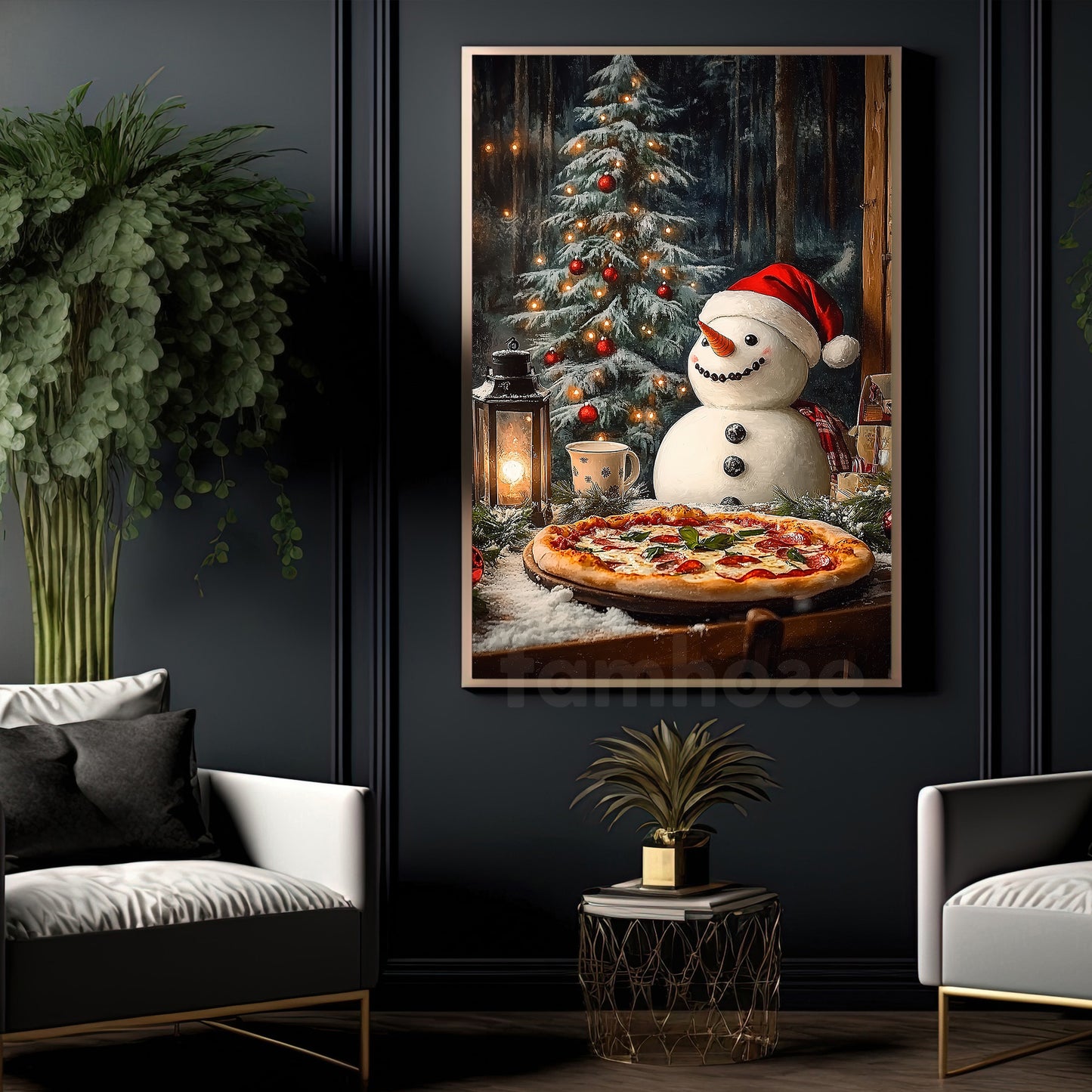 Cozy Christmas Snowman Canvas Painting, Winter Feast By The Tree Wall Art Decor, Xmas Poster Gift For Snowman Lovers