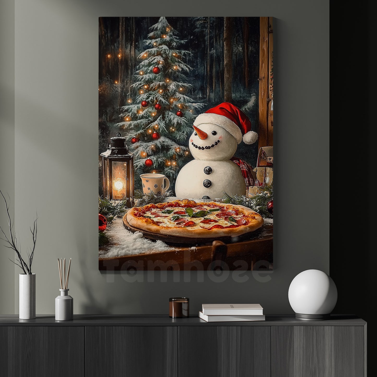 Cozy Christmas Snowman Canvas Painting, Winter Feast By The Tree Wall Art Decor, Xmas Poster Gift For Snowman Lovers