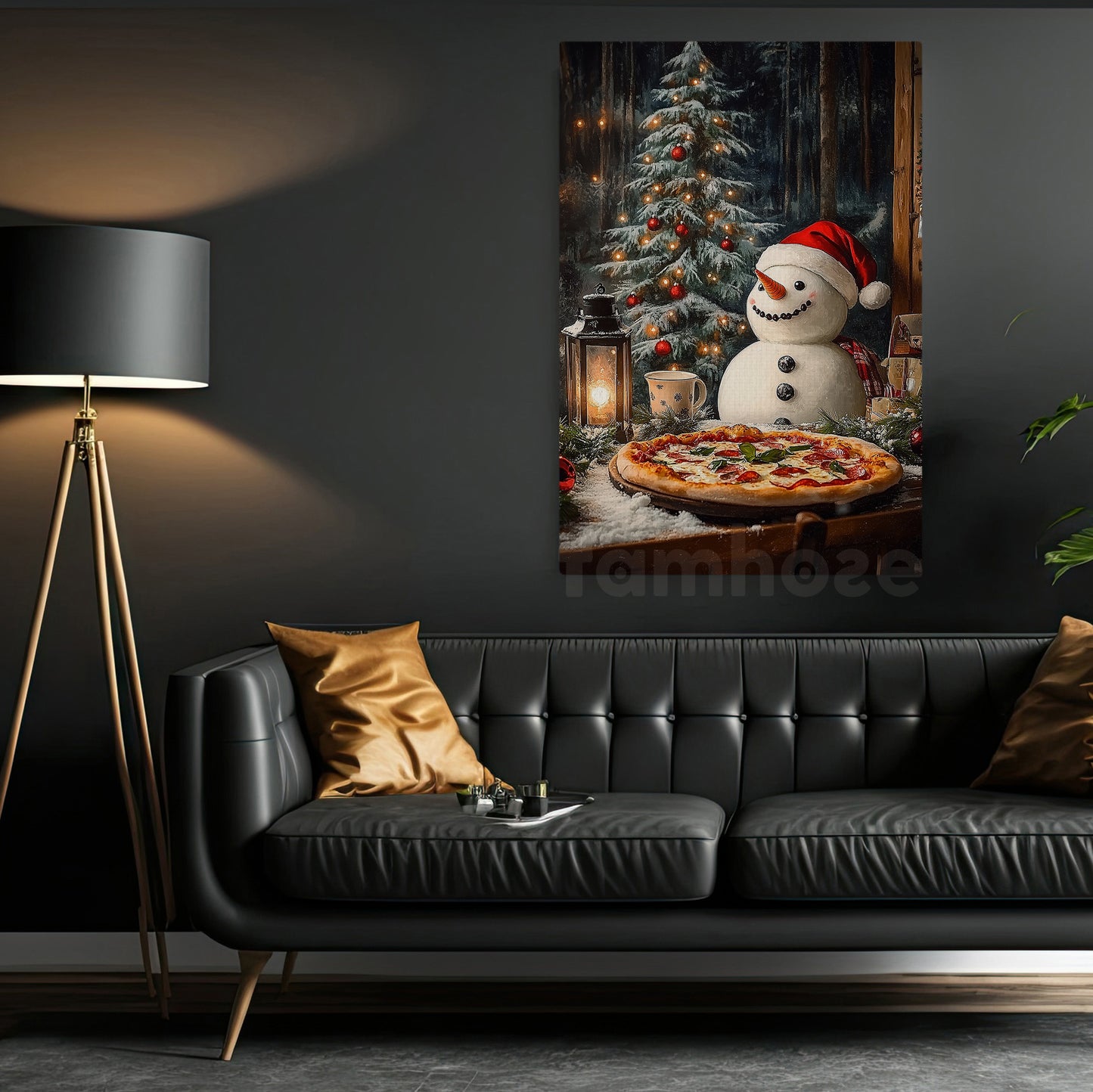 Cozy Christmas Snowman Canvas Painting, Winter Feast By The Tree Wall Art Decor, Xmas Poster Gift For Snowman Lovers