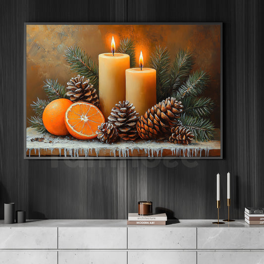 Vintage Christmas Candle Canvas Painting, Candle, Pine Cones And Orange Wall Art Decor, Xmas Poster Gift For Pine Cone Lovers