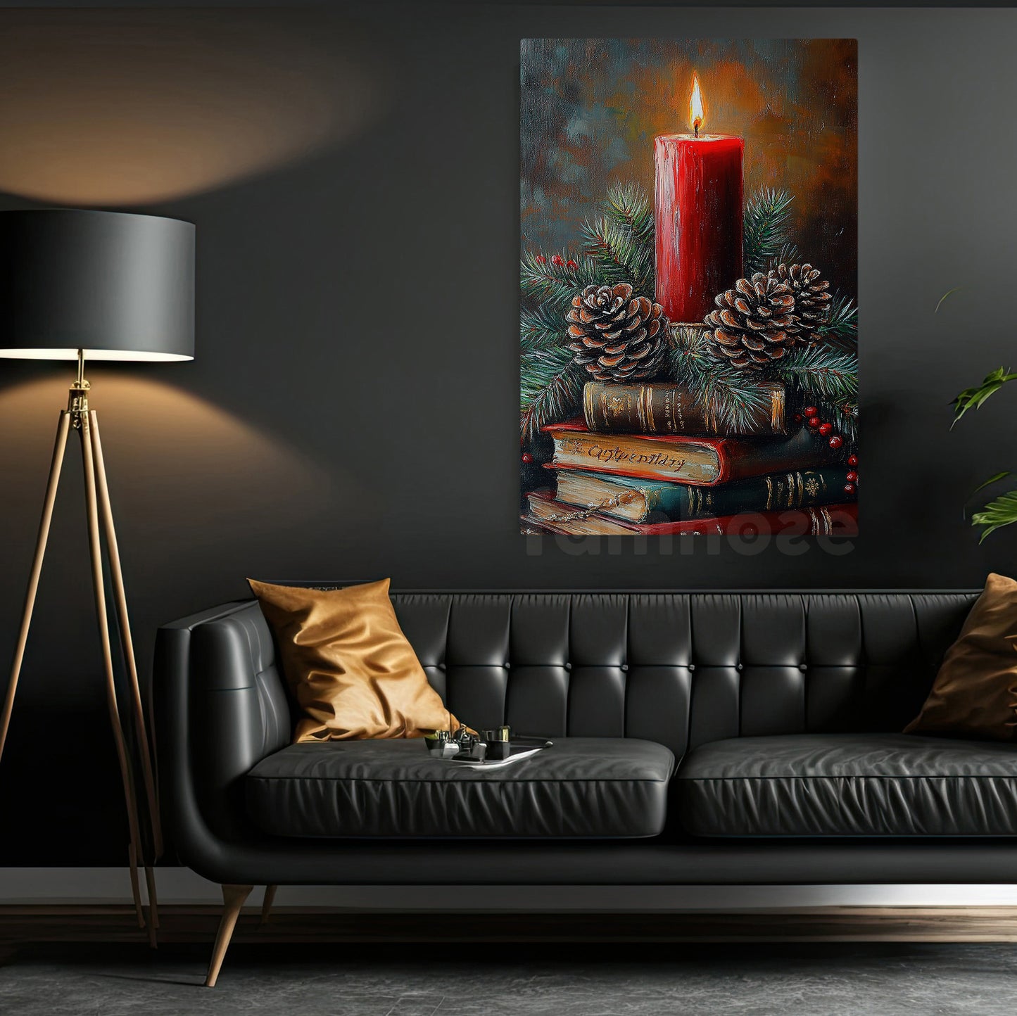 Interesting Christmas Book Canvas Painting, Crimson Candlelight With Books And Pine Cones Wall Art Decor, Xmas Poster Gift For Book Lovers