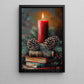 Interesting Christmas Book Canvas Painting, Crimson Candlelight With Books And Pine Cones Wall Art Decor, Xmas Poster Gift For Book Lovers