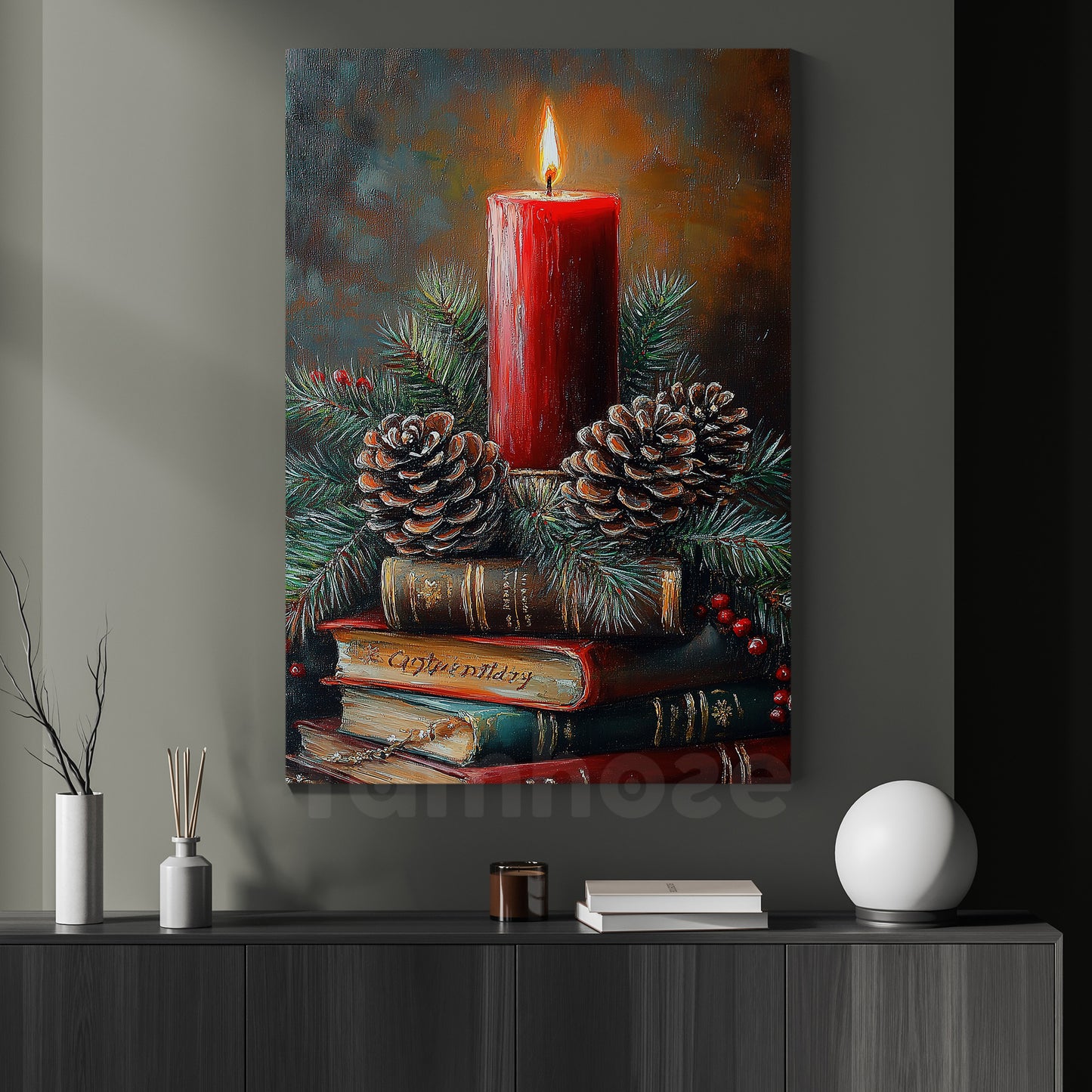 Interesting Christmas Book Canvas Painting, Crimson Candlelight With Books And Pine Cones Wall Art Decor, Xmas Poster Gift For Book Lovers