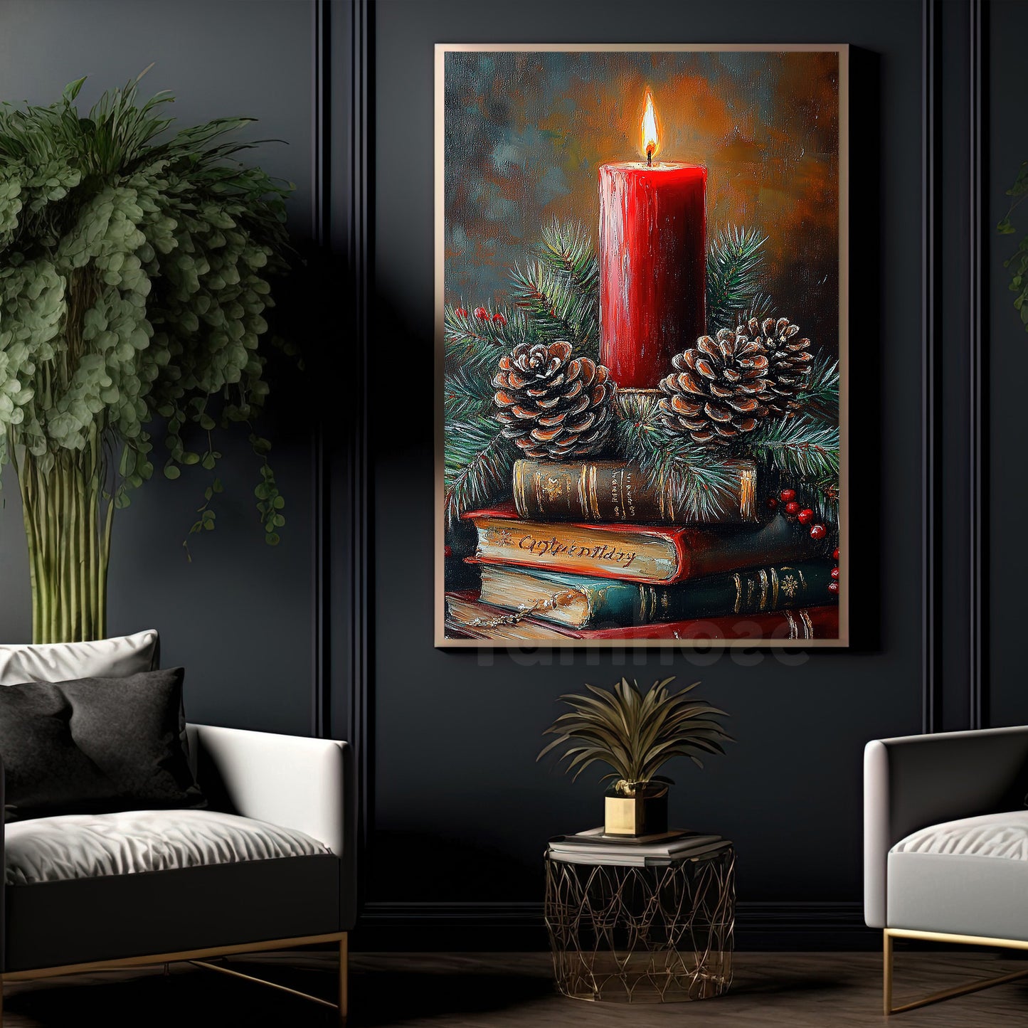 Interesting Christmas Book Canvas Painting, Crimson Candlelight With Books And Pine Cones Wall Art Decor, Xmas Poster Gift For Book Lovers