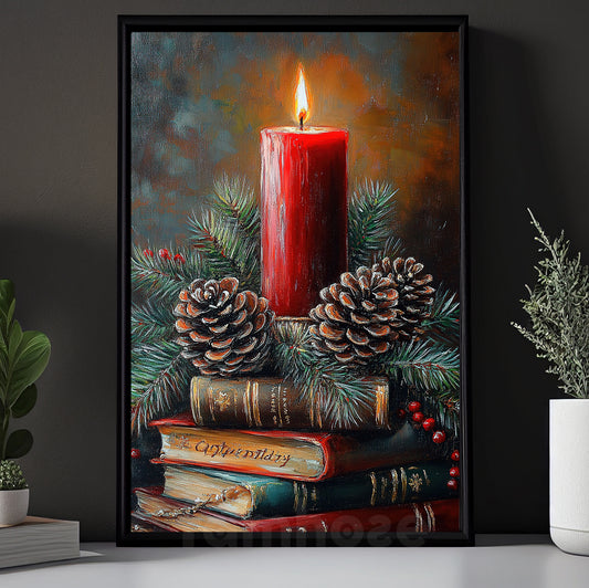 Interesting Christmas Book Canvas Painting, Crimson Candlelight With Books And Pine Cones Wall Art Decor, Xmas Poster Gift For Book Lovers