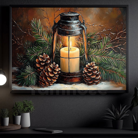 Christmas Canvas Painting, Winter's Warm Light With Pine Cones Wall Art Decor, Xmas Poster Gift