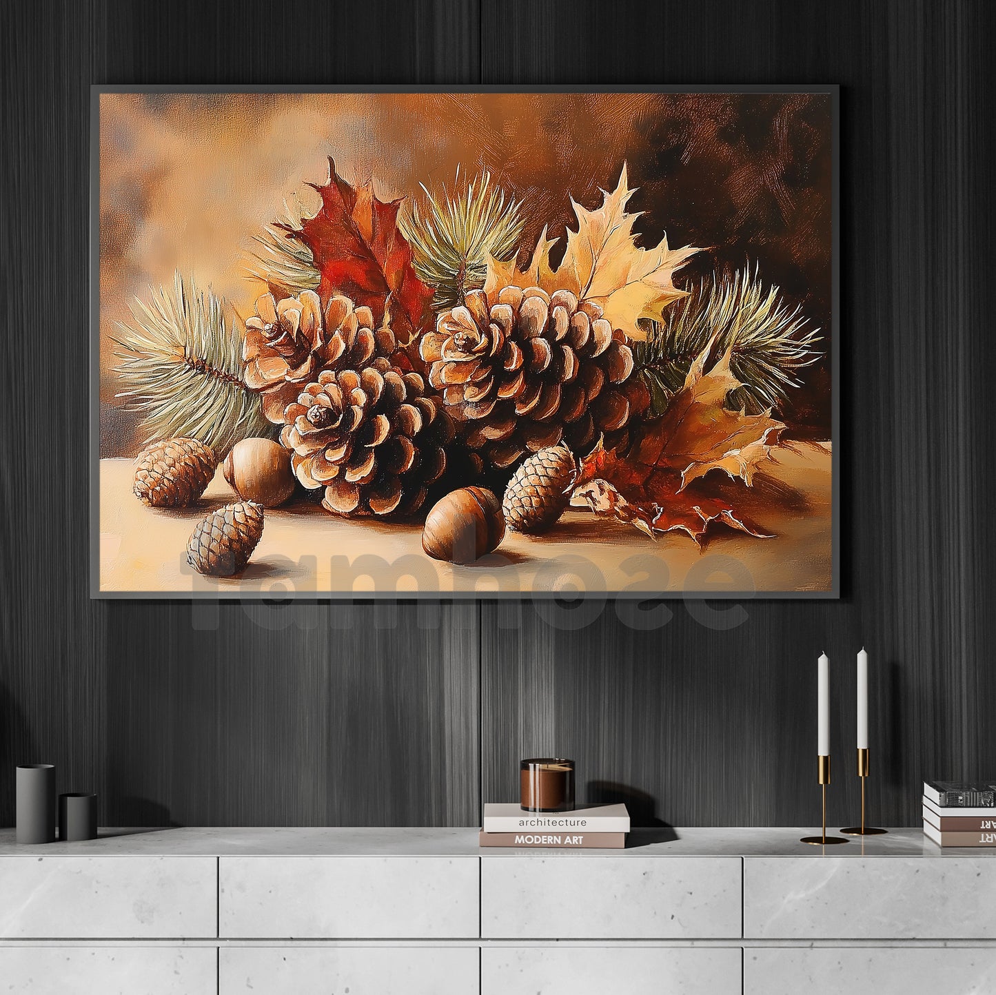 Rustic Christmas Pinecone Canvas Painting, Woodland Pine Cones Wall Art Decor, Xmas Poster Gift For Pinecone Lovers