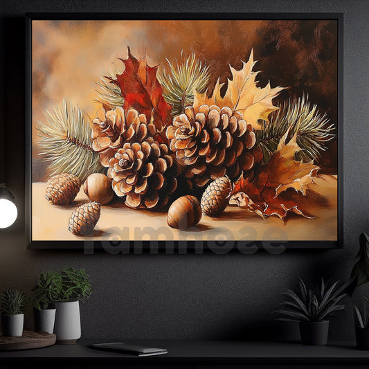 Rustic Christmas Pinecone Canvas Painting, Woodland Pine Cones Wall Art Decor, Xmas Poster Gift For Pinecone Lovers