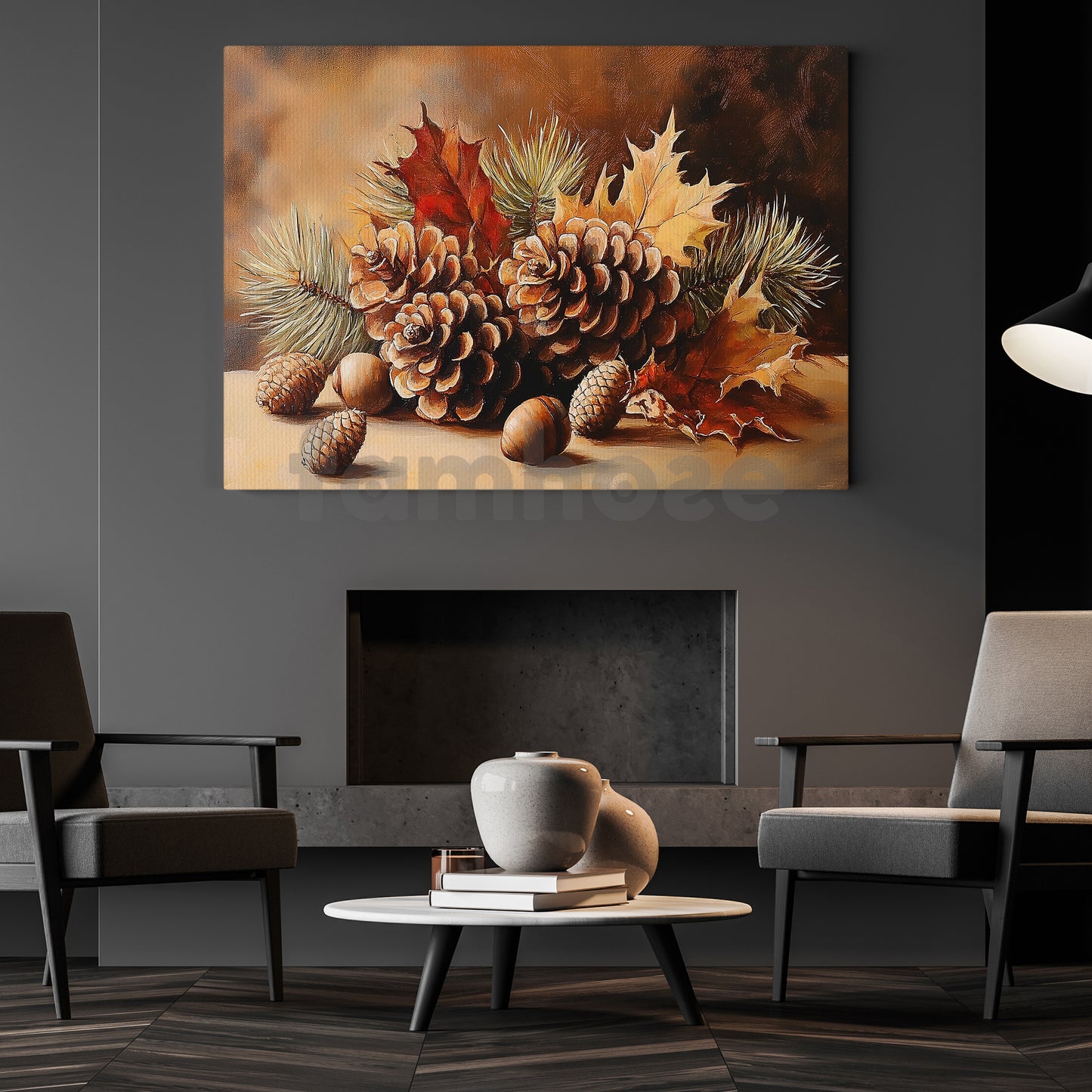 Rustic Christmas Pinecone Canvas Painting, Woodland Pine Cones Wall Art Decor, Xmas Poster Gift For Pinecone Lovers