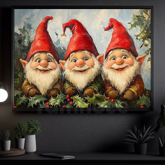 Vintage Christmas Gnomes Canvas Painting, Trio of Holiday Gnomes Wall Art Decor, Xmas Poster Gift For Dwarfs Lovers