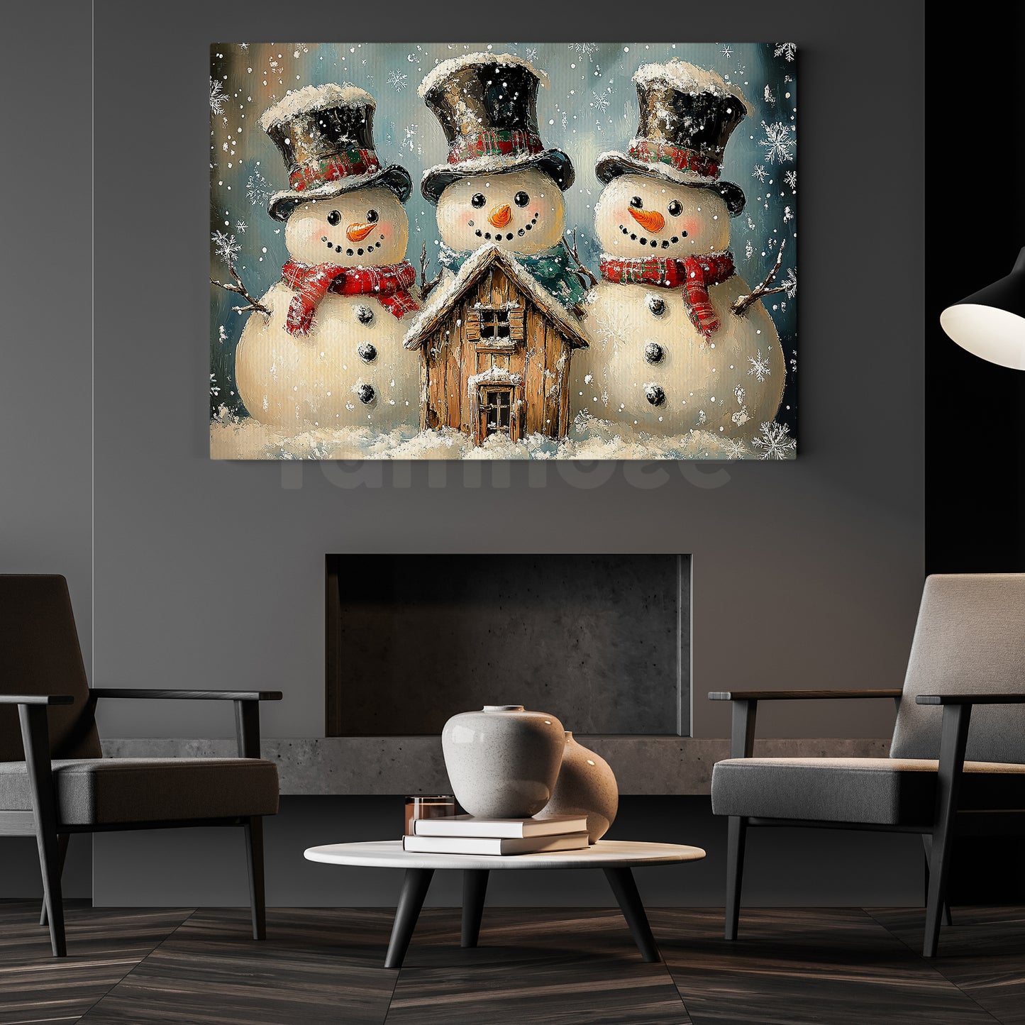 Interesting Christmas Snowman Canvas Painting, Frosty Trio Welcoming Christmas Wall Art Decor, Xmas Poster Gift For Snowman Lovers